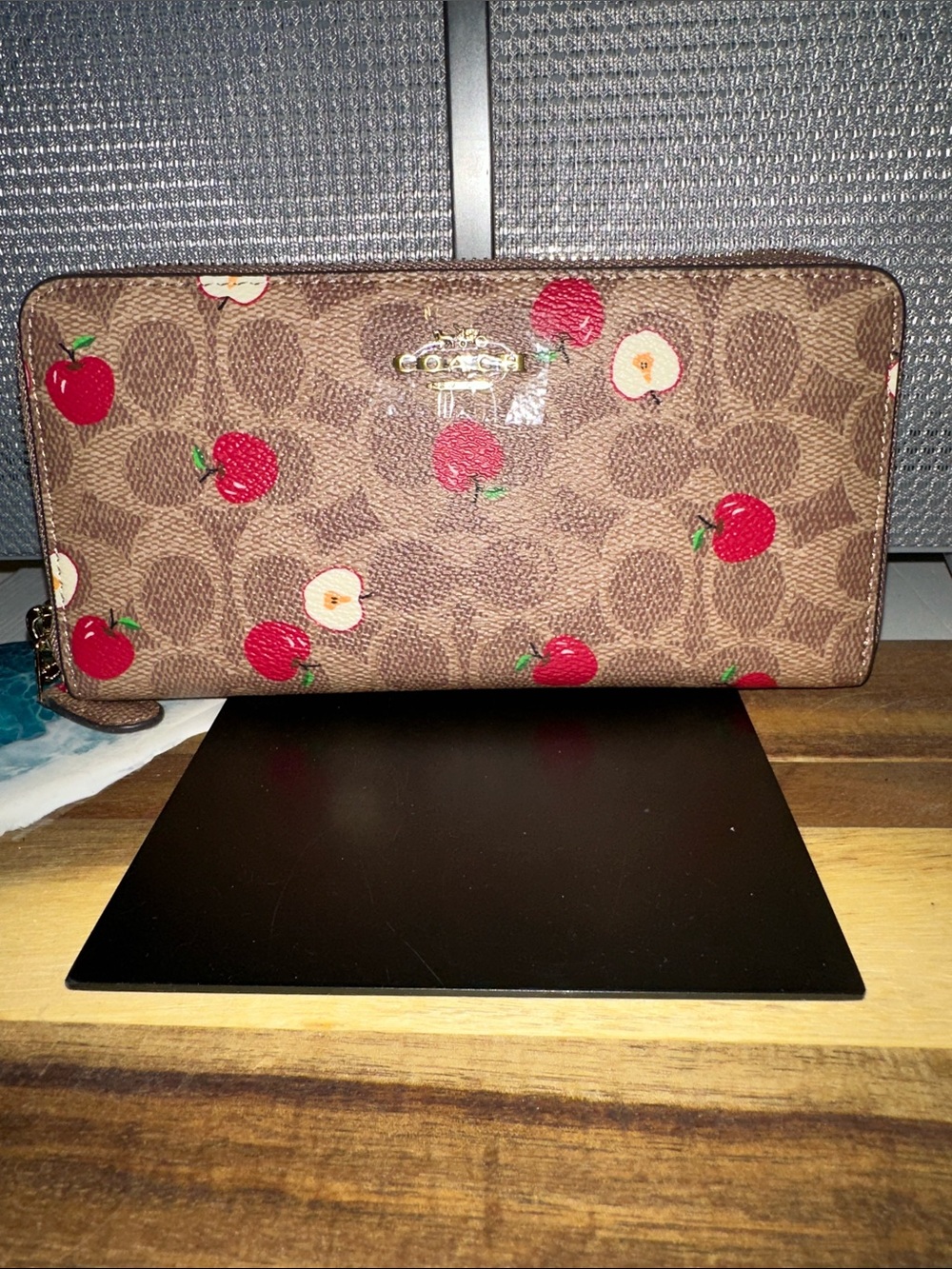 Coach Brown Signature Apple Print Zip Wallet with Red Accents